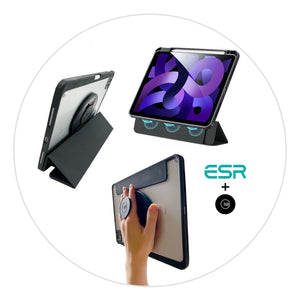 patented universal tablet handle and ergonomic iPad holder attached on the back of an iPad case with removable cover, tablet holder bundle with tablet case for iPad Air 5, iPad Pro 11 case Pro, ESR Rebound Hybrid iPad Case Pro and tablet holder bundle, ergonomic iPad holder bundle, iPad case with removable cover, removable foldable flap, tablet case with a clear back, shock-absorbing corners, and a detachable cover