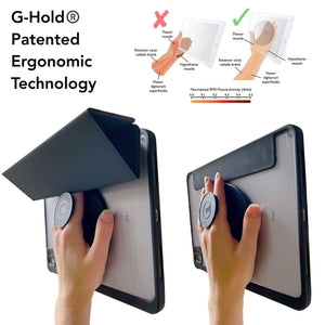 Patented invention, patented universal tablet handle and ergonomic iPad holder attached on the back of an iPad case with removable cover, tablet holder bundle with tablet case for iPad Air 5, iPad Pro 11 case Pro, ESR Rebound Hybrid iPad Case Pro and tablet holder bundle, ergonomic iPad holder bundle, iPad case with removable cover, removable foldable flap, tablet case with a clear back, shock-absorbing corners, and a detachable cover, 