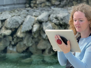 Alison Grieve, CEO and Inventor at G-Hold runs the business from a single portable device - iPad Pro while holding it ergonomically with the tablet holder she invented for tablets