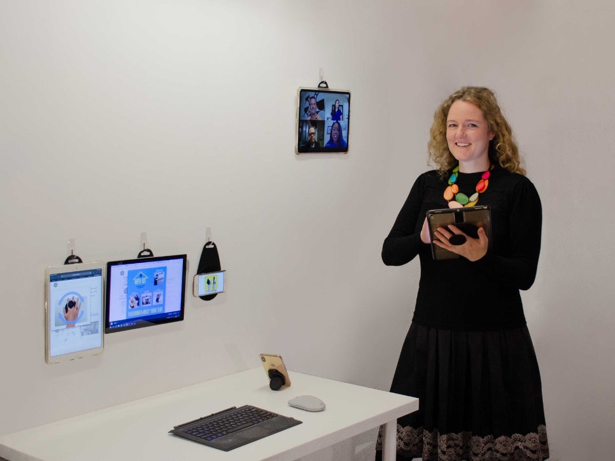 G-Hold Working From Home Kit Hits the Press with Alison Grieve standing next to products!