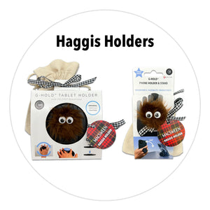 G-Hold Haggis Holders in collaboration with James Macsween of Macsween Haggis brand in Edinburgh, Scottish business collaboration for ergonomic tablet holders and phone holders, haggis creature from the story of haggis in Scotland